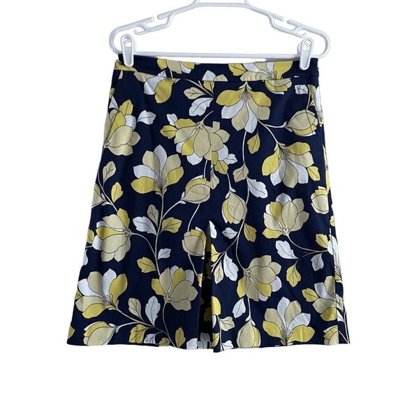 Talbots Women 6P Blue Yellow Floral Cotton Front Pleat Knee Length A-Line Skirt - Picture 2 of 8